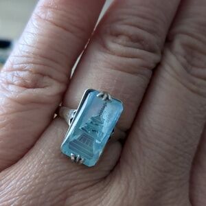 1950's Japanese Pagoda Aquamarine Glass Stone Sterling-Style Ring